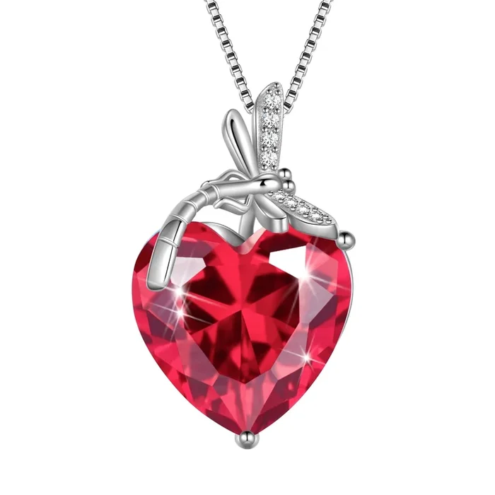 Libellen-Halskette mit Herzanhänger, Geburtsstein Juli, Rubinrot, 925er Sterlingsilber, Schmuck für Damen, Geschenkidee für Hochzeit, Geburtstag, Weihnachten oder Muttertag