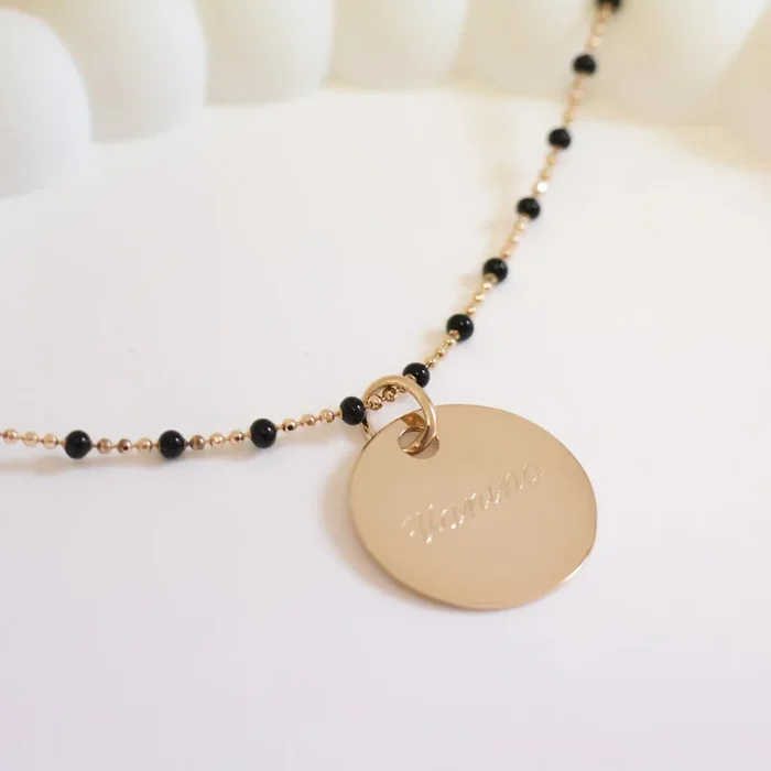 Lily-Rose black necklace and 19mm medal to engrave gold-plated
