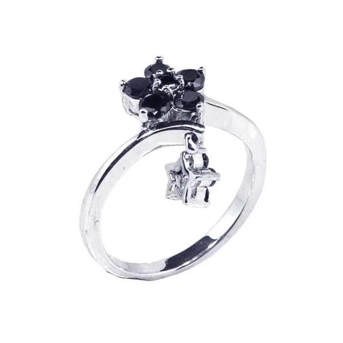 Liquidación – Anillo colgante de flor de circonita negra con baño de rodio en plata 925 – BGR00054