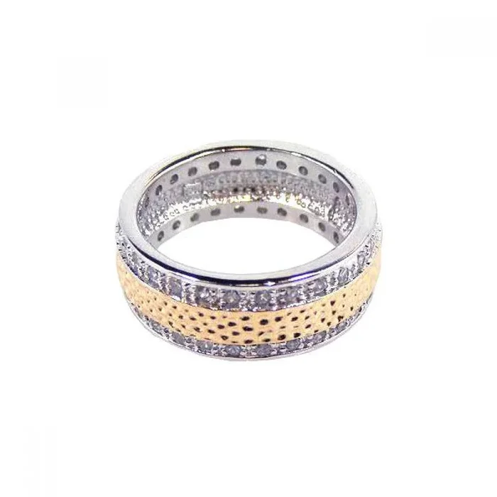 Liquidación – Anillo de eternidad de plata 925 en dos tonos, rodio y oro, con circonitas transparentes martilladas y engastadas en canal – BGR00073