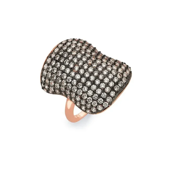 Liquidación – Anillo de plata 925 bañado en rodio negro y oro rosa con circonitas cúbicas engastadas en micropavé transparente de dos tonos – BGR00582