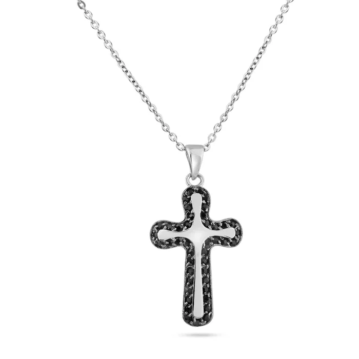 Liquidación – Collar con cruz de circonitas y ónix negro en plata 925 rodiada – BGP00191