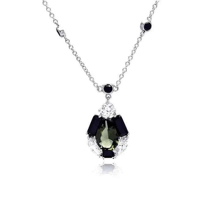 Liquidación – Collar de plata 925 rodiada con lágrima central verde y circonitas negras baguette – BGP00342
