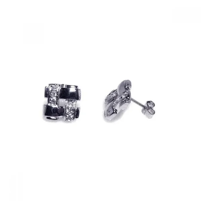 Liquidación – Pendientes de botón con circonitas cuadradas entrelazadas y baño de rodio en plata 925 – STE00149