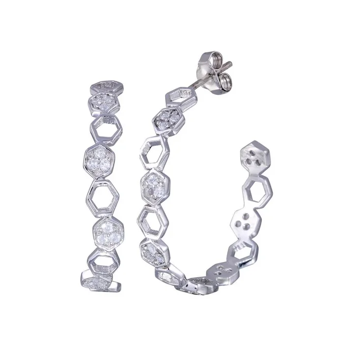 Liquidación – Pendientes de botón con forma de J, redondos, con circonitas transparentes y baño de rodio en plata 925 – STE00704
