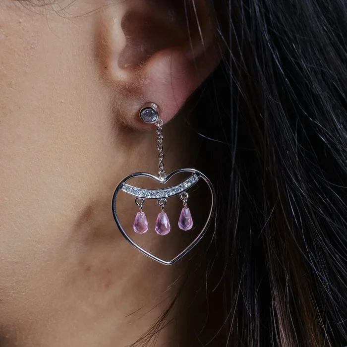 Liquidación – Pendientes de plata 925 rodiada con corazón abierto y 3 cristales rosas – STE00120