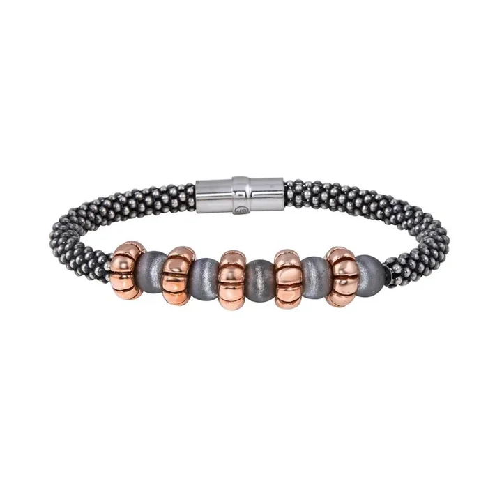 Liquidación – Pulsera magnética con dijes de oro rosa y plata de ley 925 rodiada negra – SPB00006