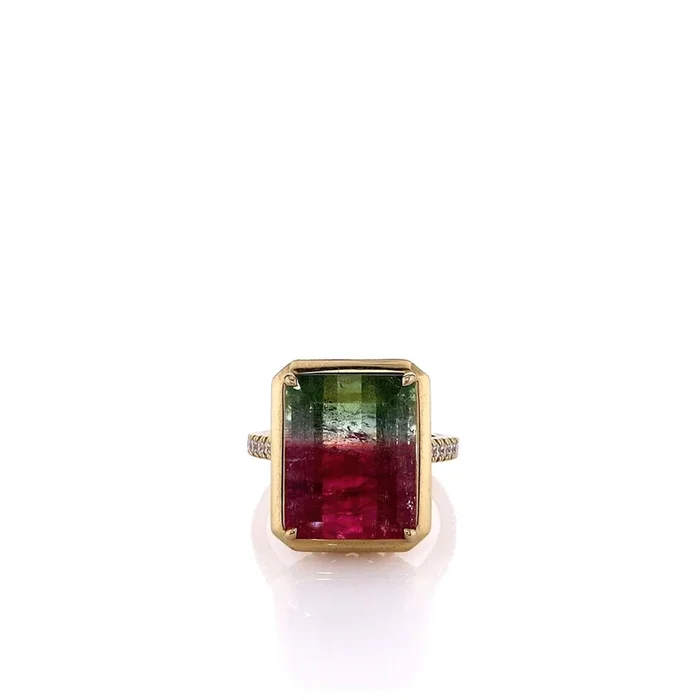 Lisa Nik 18k Yellow Gold Watermelon Tourmaline and Diamond Ring