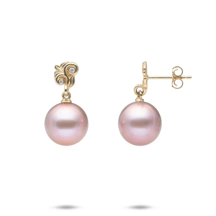 Living Heirloom Lilac Freshwater Pearl Earrings in Gold with Diamonds – 10-11mm