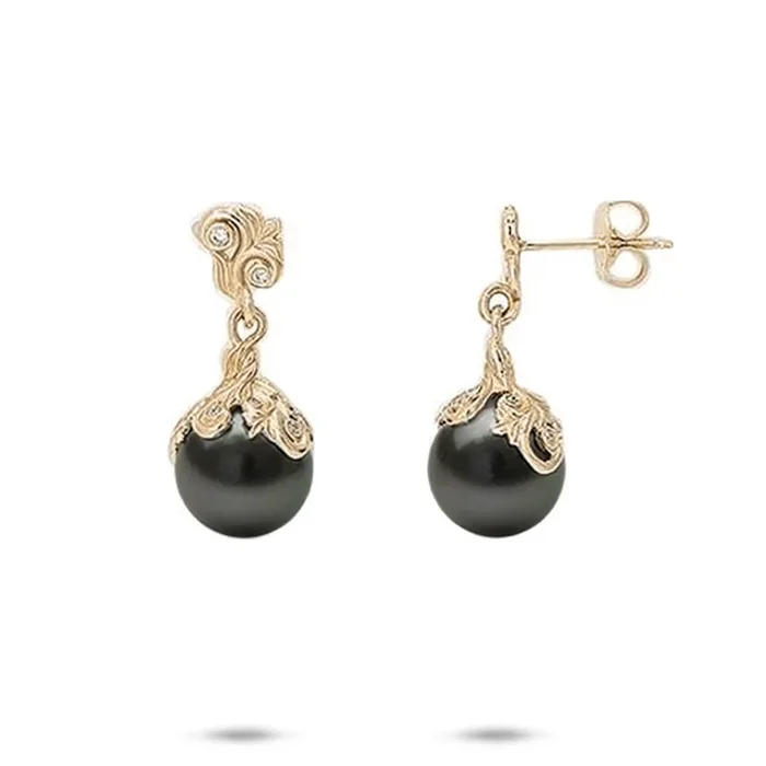 Living Heirloom Tahitian Black Pearl Earrings in Gold with Diamonds – 9-10mm