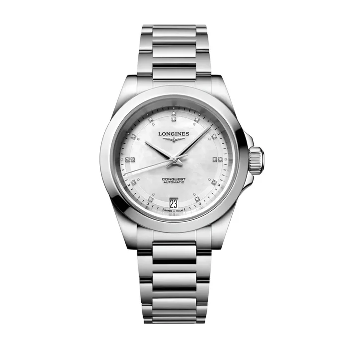 Longines Conquest 2023 automatic watch diamond markers white mother-of-pearl dial steel bracelet 34 mm – Lepage