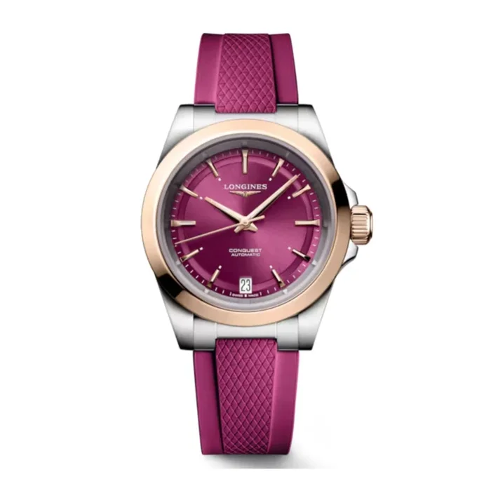 Longines Conquest automatic rose gold watch purple dial purple rubber strap 34 mm L3.430.5.98.9 – Lepage