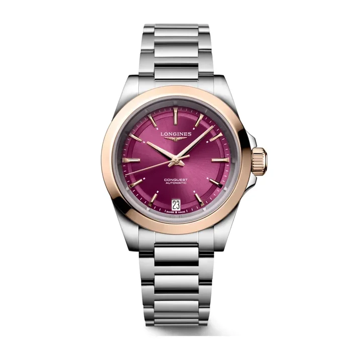 Longines Conquest automatic rose gold watch purple dial steel and rose gold bracelet 34 mm L3.430.5.98.6 – Lepage