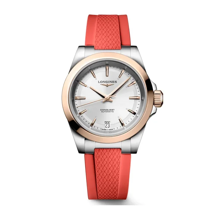 Longines Conquest automatic rose gold watch silver dial red rubber strap 34 mm L3.430.5.72.9 – Lepage