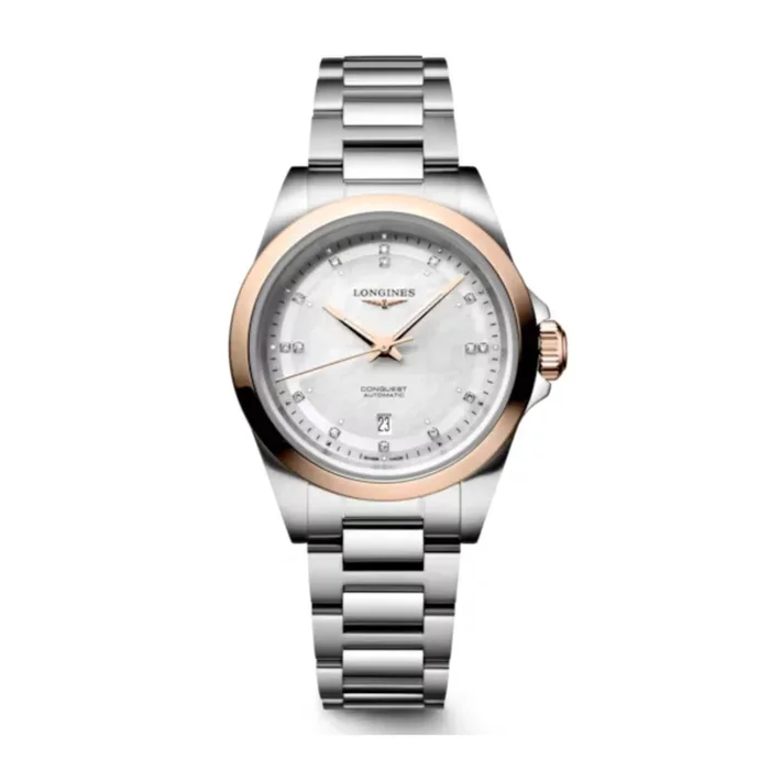 Longines Conquest automatic watch with white mother-of-pearl dial, rose gold bezel, steel and rose gold bracelet, 30 mm – Lepage