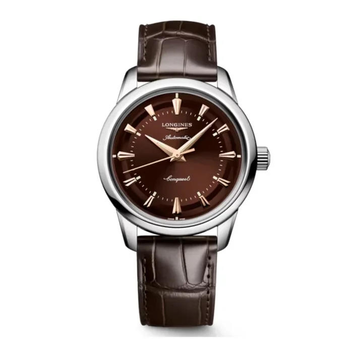 Longines Conquest Heritage automatic watch brown dial brown leather strap 38 mm – Lepage