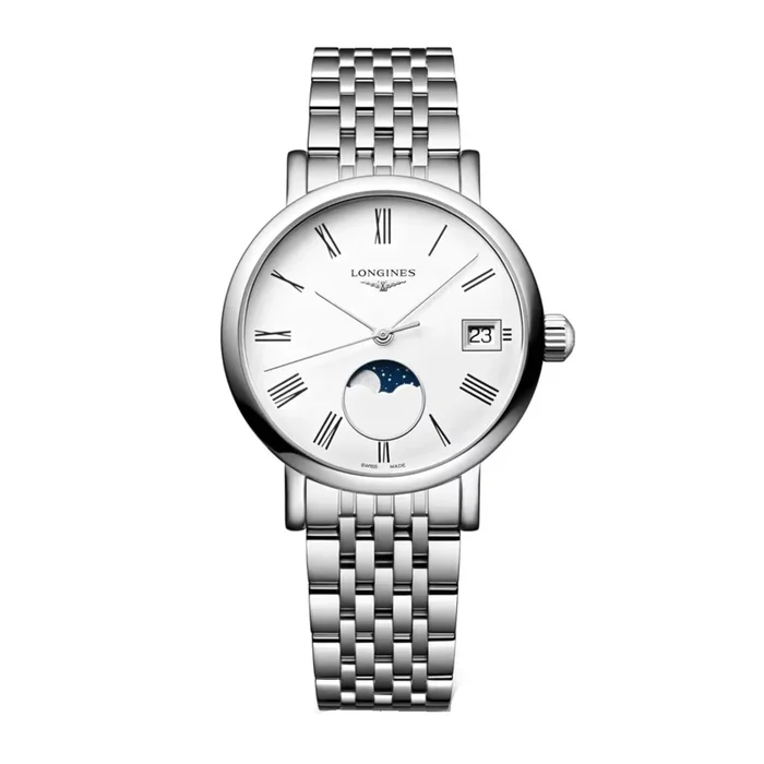 Longines Elegant collection Phase de Lune quartz watch white dial steel bracelet 30 mm L4.330.4.11.6 – Lepage
