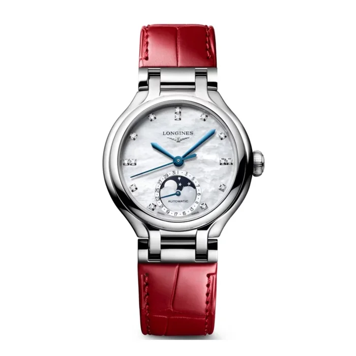 Longines PrimaLuna Moonphase automatic watch with white mother-of-pearl dial, diamond hour markers, and red leather strap, 34 mm