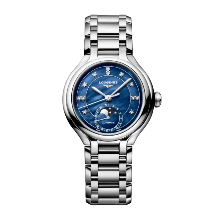 Longines PrimaLuna Moonphase watch, automatic movement, blue mother-of-pearl dial, diamond hour markers, steel bracelet, 34 mm –