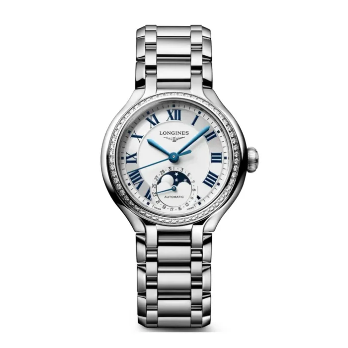Longines PrimaLuna Moonphase watch, automatic movement, diamond-set bezel, steel bracelet, 34 mm – L