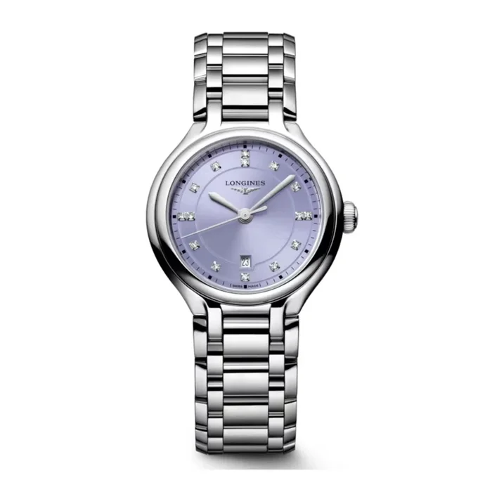 Longines PrimaLuna quartz watch with lavender dial, diamond hour markers, and 30 mm steel bracelet – Lepage