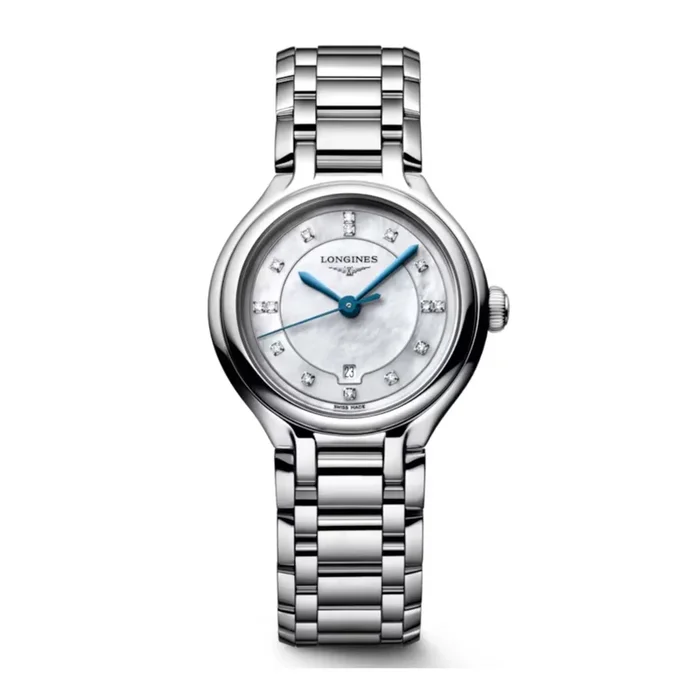Longines PrimaLuna quartz watch with white mother-of-pearl dial, diamond hour markers, and 30 mm steel bracelet