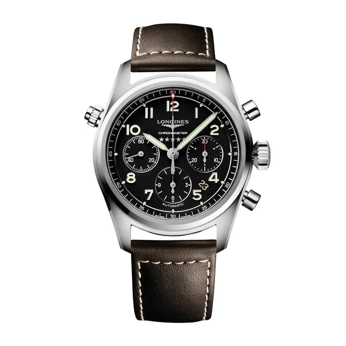 Longines Spirit auto chrono watch black dial 42mm leather strap