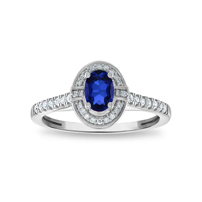 LoveSong 6X4MM Oval Sapphire and Diamond Halo Ring in 10KT White Gold