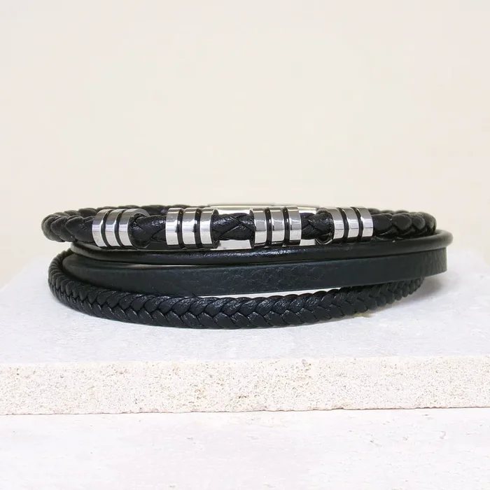 Lucas Bracelet 21cm four rows black leather and beads stainless steel