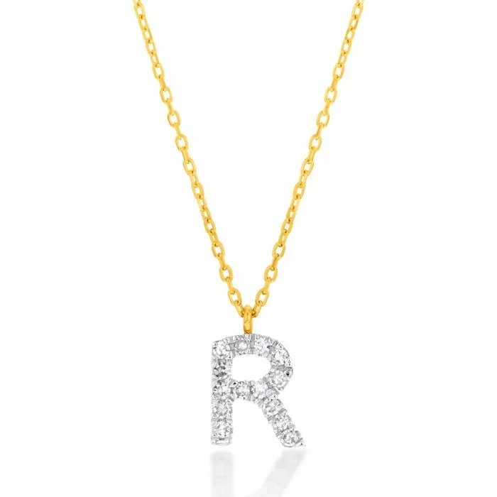 Luminesce Lab Diamond R Initial Pendant in 9ct Yellow Gold with Adjustable 45cm Chain