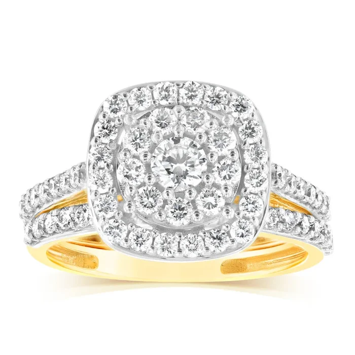 Luminesce Lab Grown 9ct Yellow Gold 1.2 Carat Diamond Cushion Shaped Bridal Ring Set