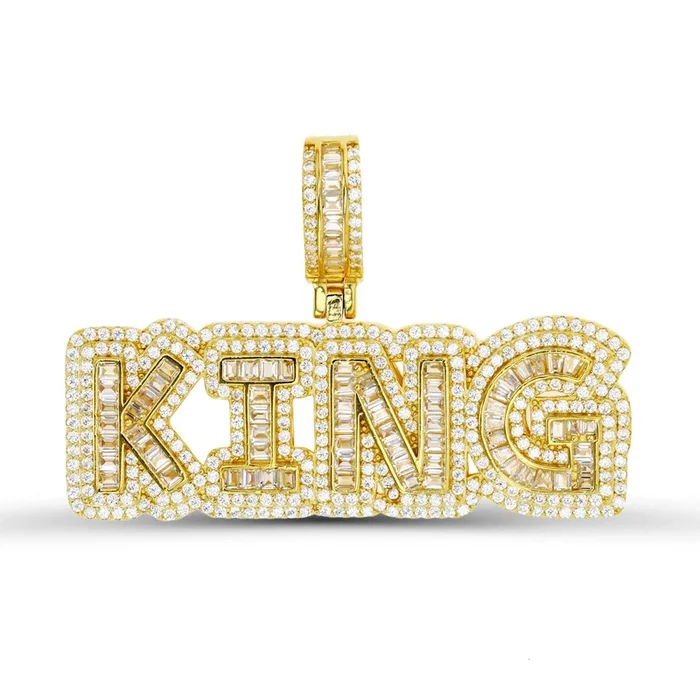 Luxe Layers 14KT Yellow Gold Plated Sterling Silver Baguette Cubic Zirconia 33X49MM King Pendant. Chain Not Included