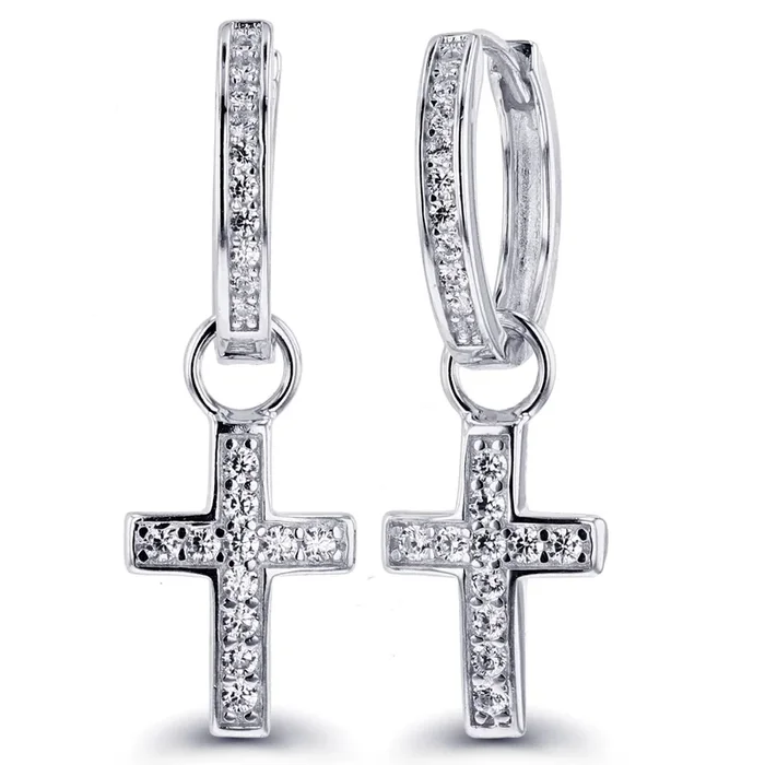 Luxe Layers Rhodium Plated Sterling Silver Round Cubic Zirconia 9X30MM Cross Hoop Drop & Dangle Earrings