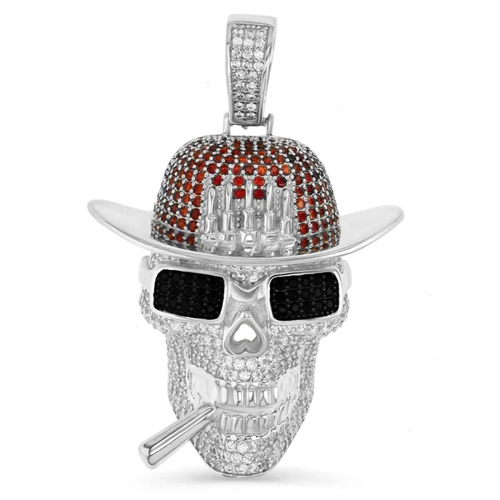 Luxe Layers Sterling Silver Cubic Zirconia 49X33MM Gangster Skull Pendant. Chain Not Included