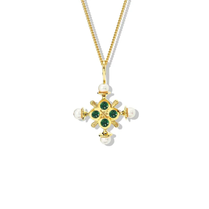 Madrid Large Cross Pendant Yellow Gold – Chrome Diopside & Pearl