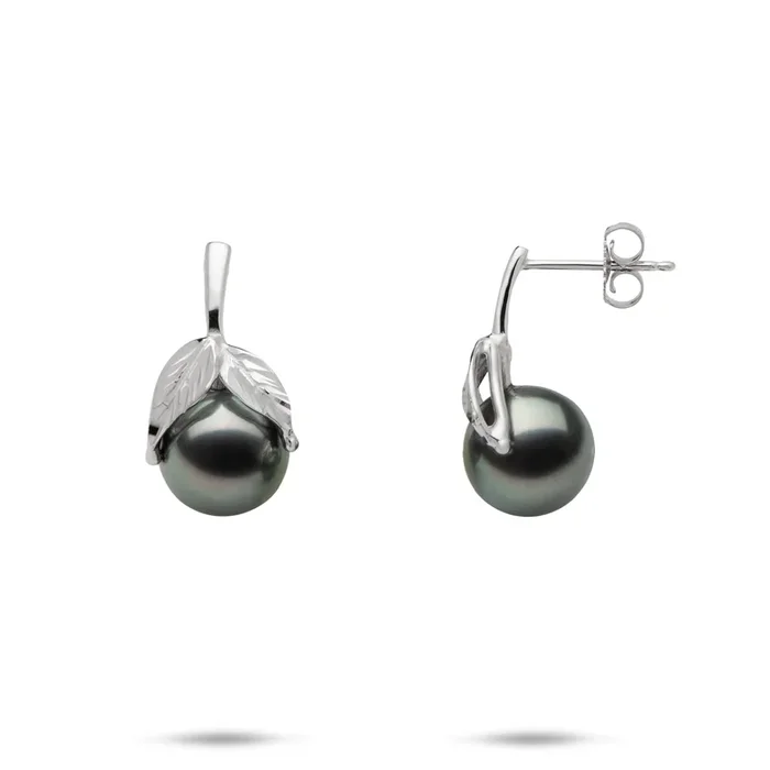Maile Tahitian Black Pearl Earrings in White Gold – 9-10mm