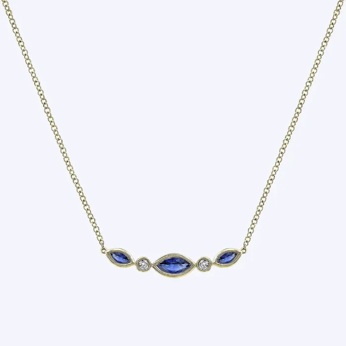 Marquise Shape Sapphire & Bezel Set Diamond Bar Necklace