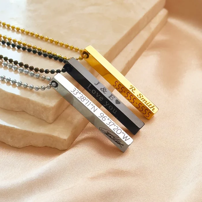 Men’s Custom 3D Bar Necklace, Fingerprint or Signature Engraved Pendant for Men, Personalized Bar Pendant, Black, Silver, Gold, Men’s Memorial Jewelry