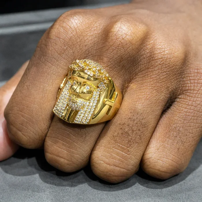 Mens Jewelry – 14K Gold Iced Out VVS Jesus Ring | 14.8 Grams