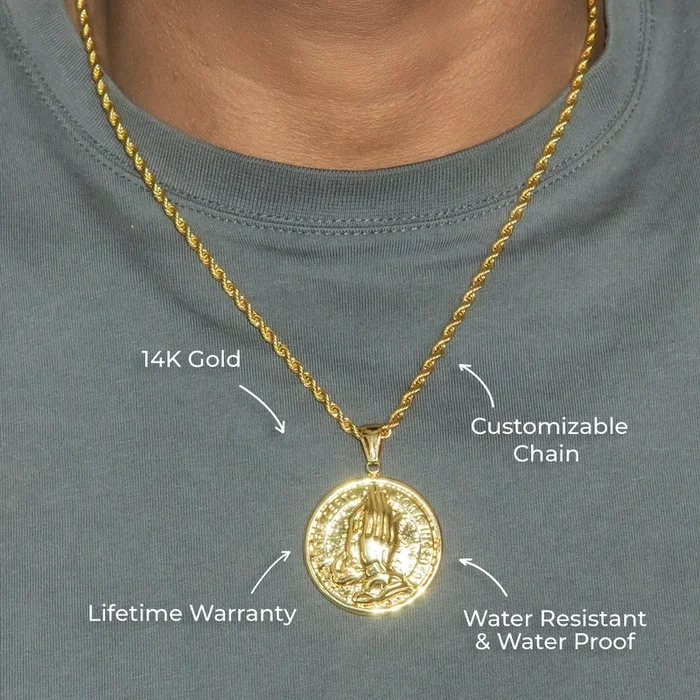Mens Jewelry – 14K Gold Praying Hands Necklace | Appx. 16 Grams