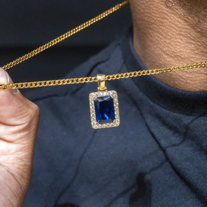 Mens Jewelry – Gold Iced Out VVS Sapphire Necklace | Appx. 13.4 Grams