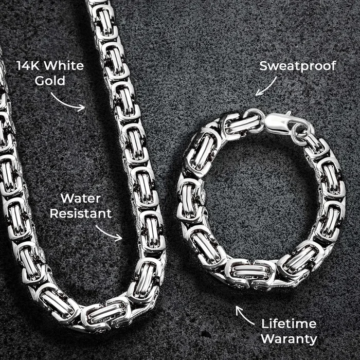 Mens Jewelry – Mens 14K White Gold Byzantine Chain & Bracelet
