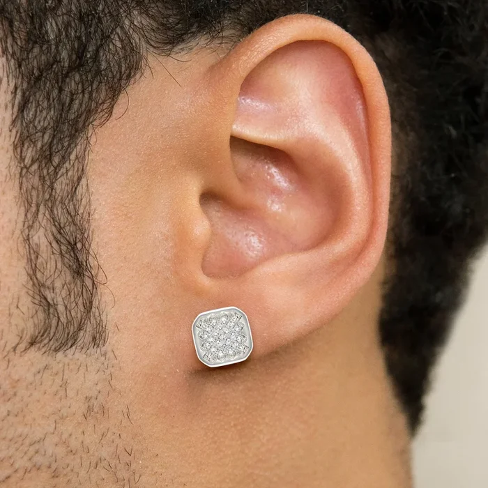 Mens Jewelry – Silver Micro Pave Sun Square Iced Out VVS Stud Earrings for Men | Appx. 3 Grams