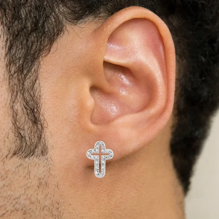 Mens Jewelry – Silver Open Cross Iced Out VVS Stud Earrings for Men | Appx. 2 Grams