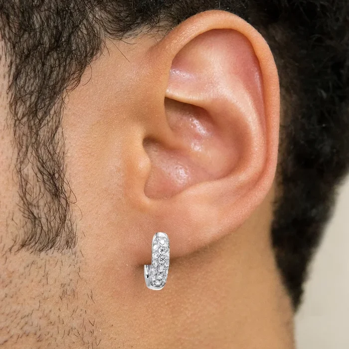 Mens Jewelry – Silver Round Iced Out VVS Hoop Earrings for Men| Appx. 2.3 Grams