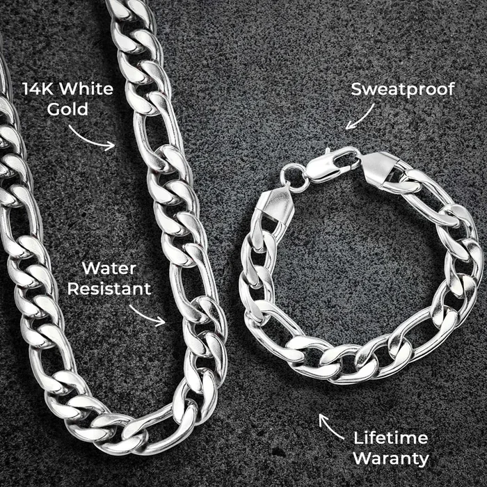 Mens Jewelry – Solid White Gold Figaro Chain & Bracelet