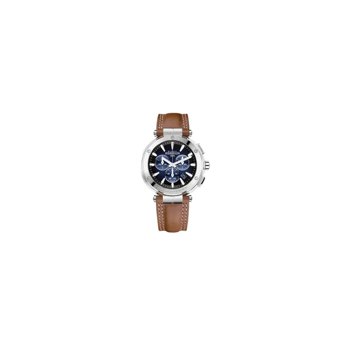 Michel Herbelin Newport Chronograph quartz watch blue dial brown strap 43mm