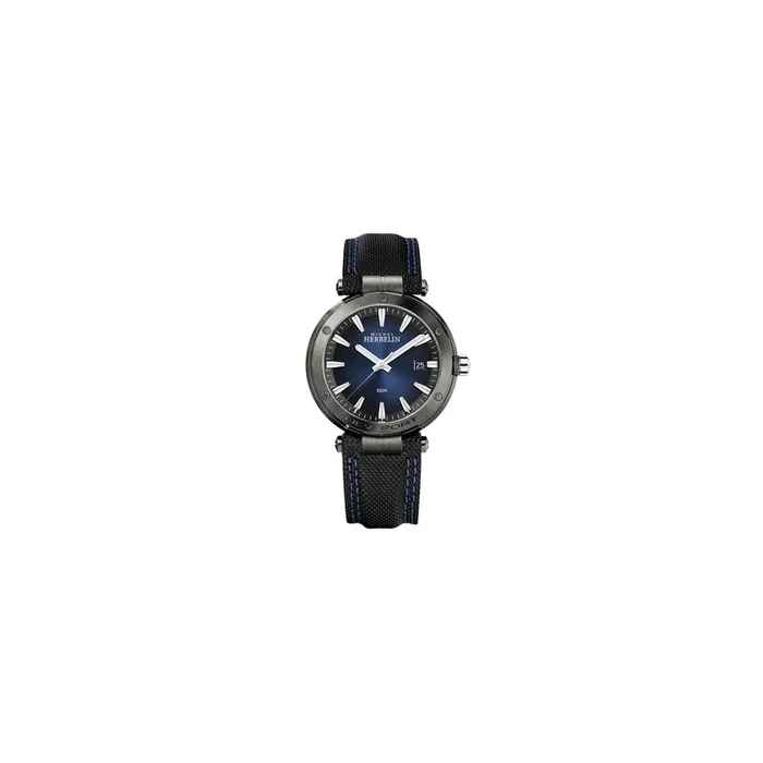 Michel Herbelin Newport quartz watch blue dial black leather strap 40,5 mm