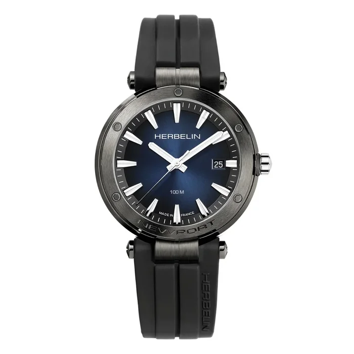 Michel Herbelin Newport quartz watch blue dial black rubber strap 40,5 mm