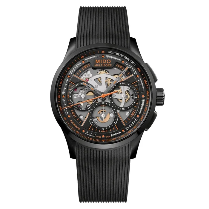 Mido Multifort Skeleton Chronograph Automatic Watch with Black Rubber Strap, 44 mm – Lepage